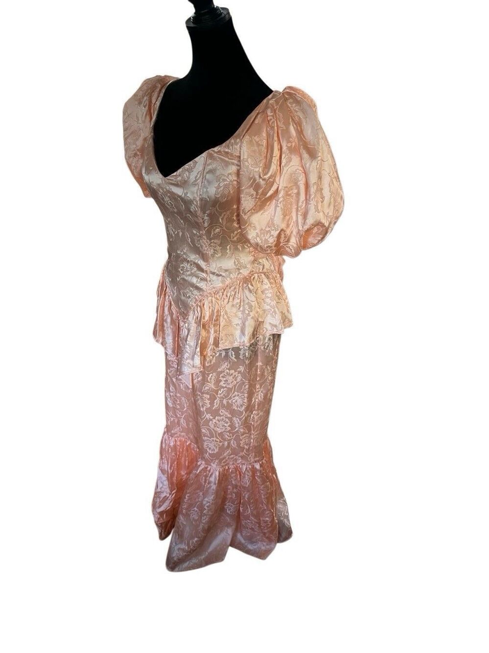 1980 VTG Gunne Sax Pink Floral Satin Puff Sleeve Ruffle Gown Size 7 - Picture 7 of 10